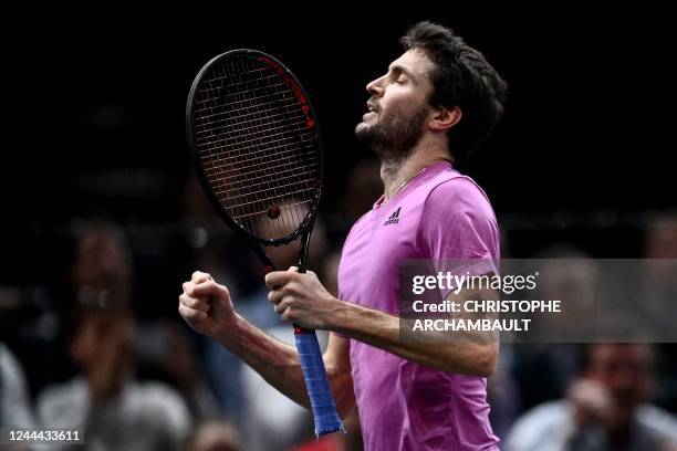 France's Gilles Simon reacts during the men's singles round of 16 tennis match between US' Taylor Fritz and France's Gilles Simon on day three of the...