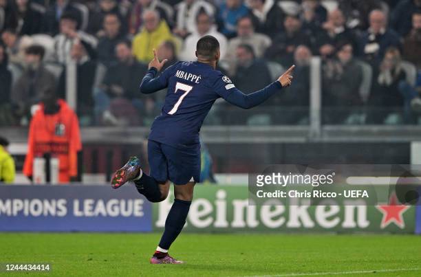 Kylian Mbappé of Paris Saint-Germain FC celebrates goal during the UEFA Champions League Group H match between Juventus and Paris Saint-Germain at...