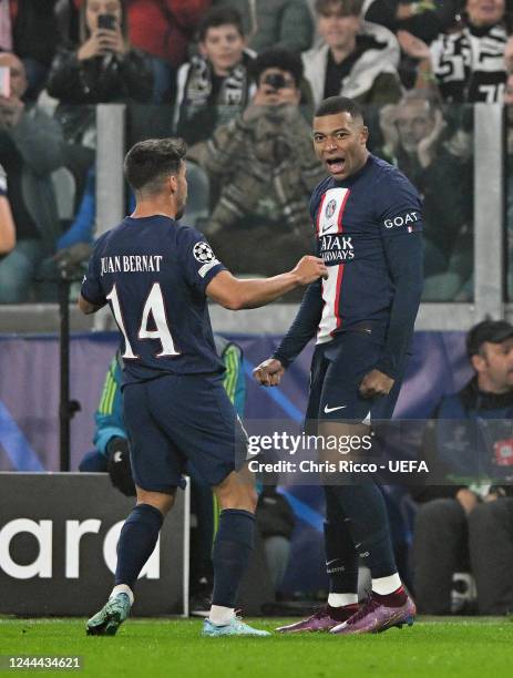 Kylian Mbappé of Paris Saint-Germain FC celebrates goal with teammate Juan Bernat of Paris Saint-Germain FC during the UEFA Champions League Group H...