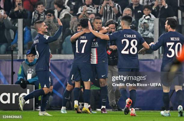 Kylian Mbappé of Paris Saint-Germain FC celebrates goal with teammates during the UEFA Champions League Group H match between Juventus and Paris...