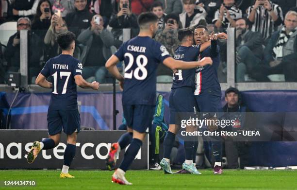 Kylian Mbappé of Paris Saint-Germain FC celebrates goal with teammate Juan Bernat of Paris Saint-Germain FC during the UEFA Champions League Group H...