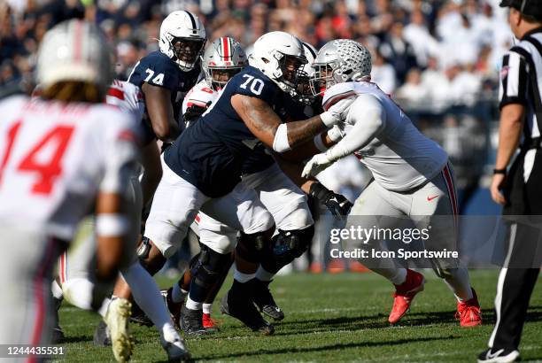 Penn State offensive lineman Juice Scruggs blocks during the Ohio State Buckeyes versus Penn State Nittany Lions game on October 29, 2022 at Beaver...