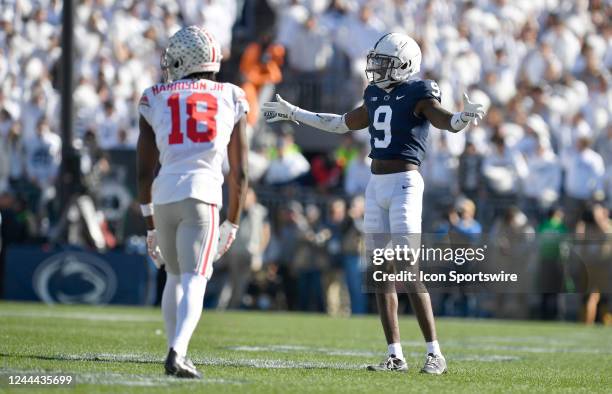 Penn State cornerback Joey Porter, Jr. Covers Ohio State wide receiver Marvin Harrison, Jr. During the Ohio State Buckeyes versus Penn State Nittany...