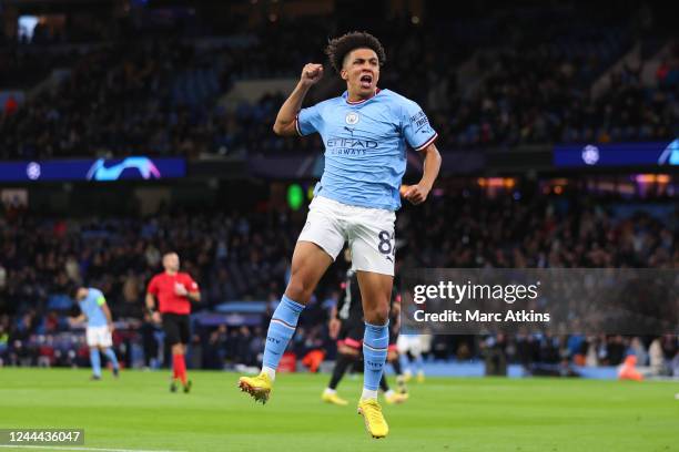 Rico Lewis of Manchester City celebrates scoring the 1st goal during the UEFA Champions League group G match between Manchester City and Sevilla FC...