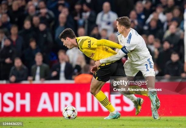 Giovanni Reyna of Borussia Dortmund in action during the Champions League match between FC Copenhagen and Borussia Dortmund at Parken Stadium on...