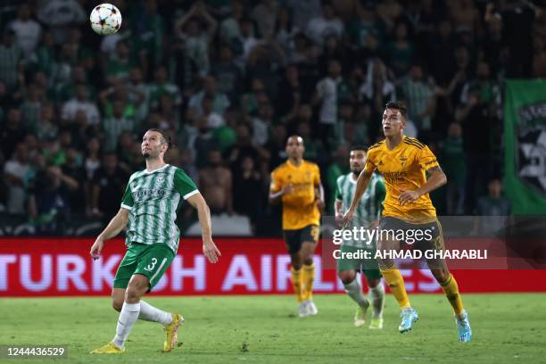 Maccabi Haifa's Israeli defender Sean Goldberg is marked by Benfica's Croatian forward Petar Musa during the UEFA Champions League group H football...