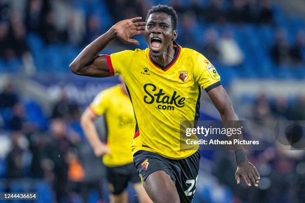 Ismaila Sarr of Watford scores during the Sky Bet Championship match between Cardiff City and Watford at the Cardiff City Stadium on November 02,...