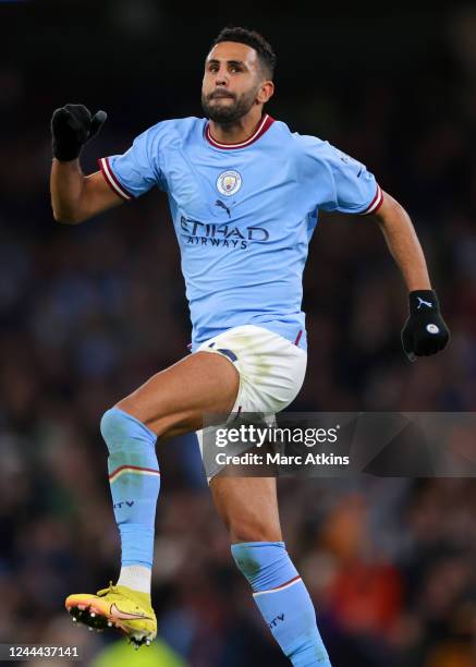 Riyad Mahrez of Manchester City celebrates scoring the 3rd goal during the UEFA Champions League group G match between Manchester City and Sevilla FC...