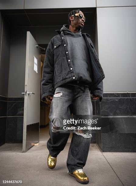 Shai Gilgeous-Alexander of the Oklahoma City Thunder arrives to the arena before the game against the Minnesota Timberwolves on October 19, 2022 at...