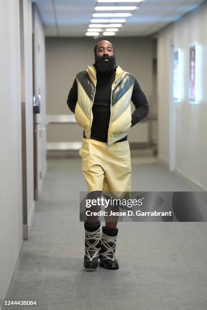 James Harden of the Philadelphia 76ers arrives to the arena before the game against the Washington Wizards on November 2, 2022 at the Wells Fargo...