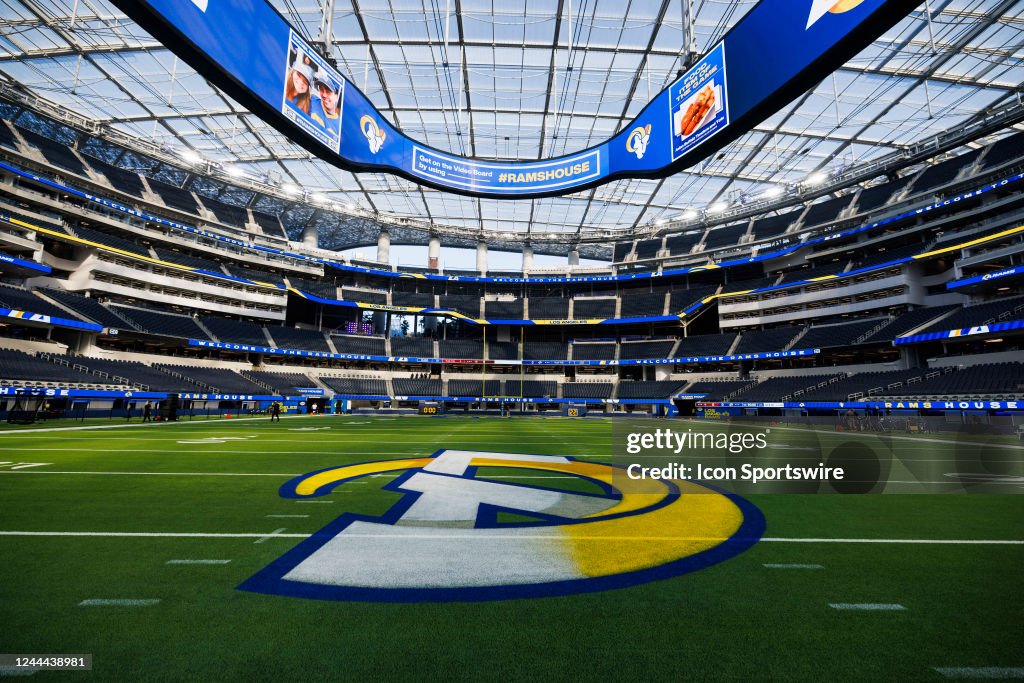 La Rams Arena General view of a Los Angeles Rams logo at SoFi Stadium during an NFL ...