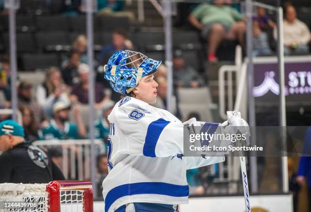 Tampa Bay Lightning Goalie Andrei Vasilevskiy during a break in the third period of a regular season NHL hockey game between the Tampa Bay Lightning...