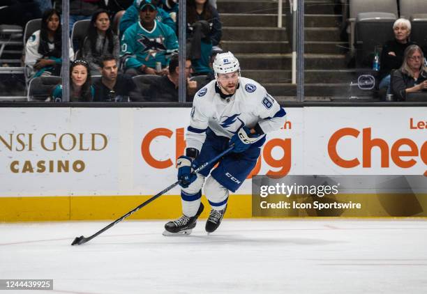 Tampa Bay Lightning Defenceman Erik Cernak controls the puck during the third period of a regular season NHL hockey game between the Tampa Bay...