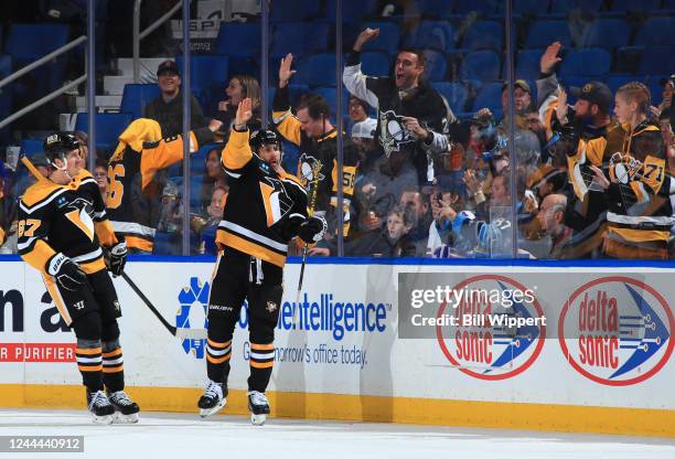 Jason Zucker of the Pittsburgh Penguins celebrates his first period goal against the Buffalo Sabres during an NHL game on November 2, 2022 at KeyBank...