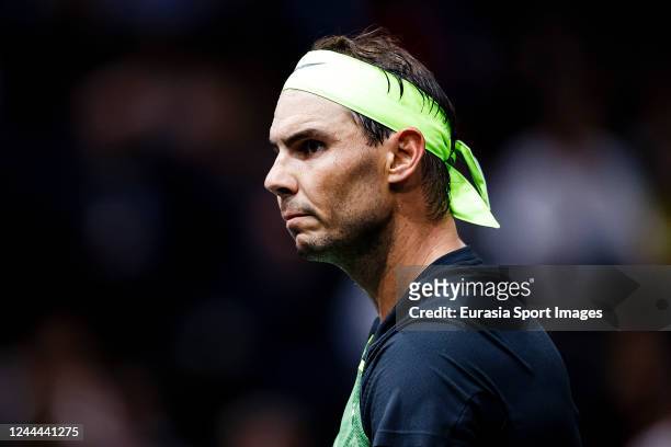 Rafael Nadal of Spain reacts during the match against Tommy Paul of United States on the Day Three of Rolex Paris Masters at Palais Omnisports de...