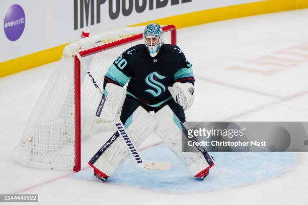 Martin Jones of the Seattle Kraken tracks the play during the second period of a game against the Vancouver Canucks at Climate Pledge Arena on...