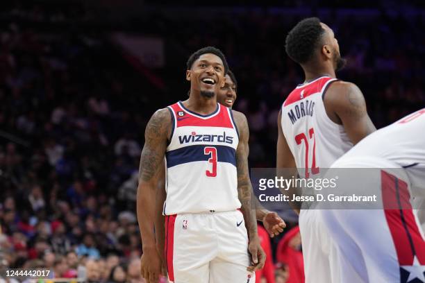 Bradley Beal of the Washington Wizards smiles during the game against the Philadelphia 76ers on November 2, 2022 at the Wells Fargo Center in...