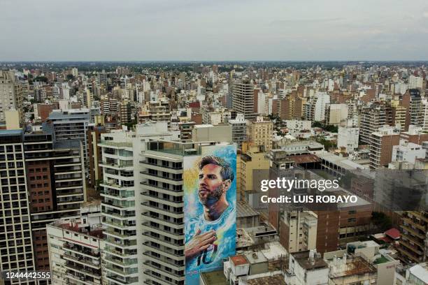 Aerial view of a mural depicting the Argentine football star Lionel Messi in Rosario, Argentina, taken on October 20, 2022. - Local passion,...