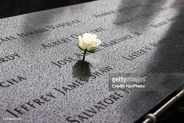 Flower is seen placed on the names of victims at the South Tower Memorial Pool at the National 9/11 Memorial in New York City, United States on...