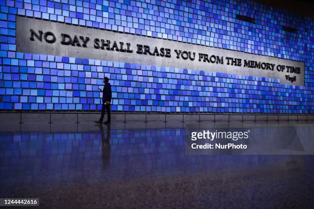 Mosaic with a quote from Book IX of 'The Aeneid' by the Roman poet Virgil is seen at the National 9/11 Memorial And Museum in New York City, United...