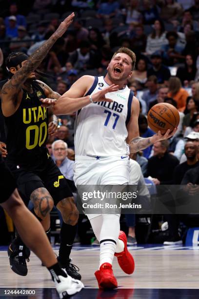 Luka Doncic of the Dallas Mavericks drives inside against Jordan Clarkson of the Utah Jazz in the first half at American Airlines Center on November...