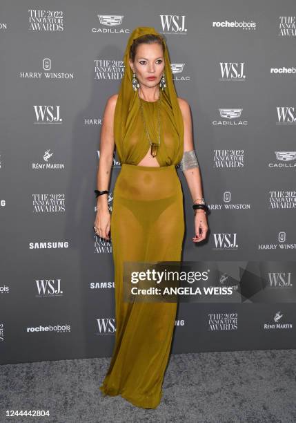 British model Kate Moss arrives for the Wall Street Journal Magazine 2022 Innovator awards at the Museum of Modern Art in New York City on November...
