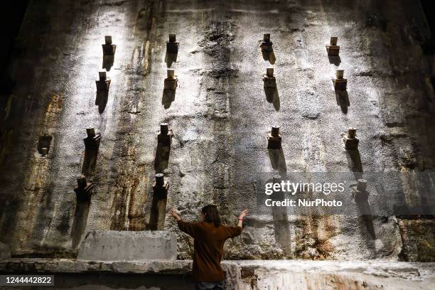 The original Slurry Wall of the 'Bathtub' retaining wall around the foundation at the National 9/11 Memorial And Museum in New York City, United...