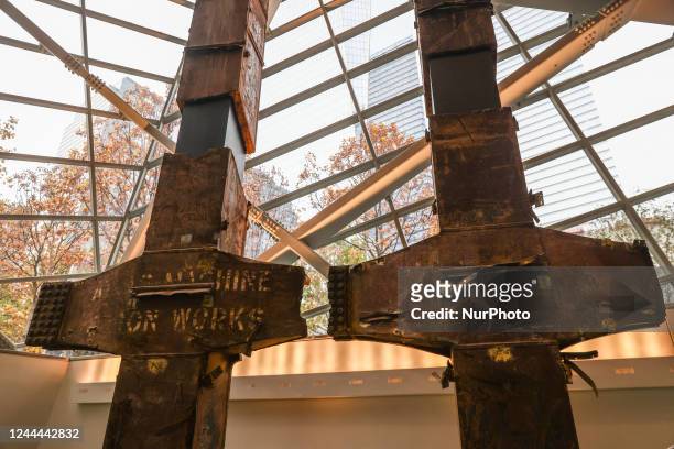 The Tridents, two steel columns from the North Towers facade, at the National 9/11 Memorial And Museum in New York City, United States on October 23,...