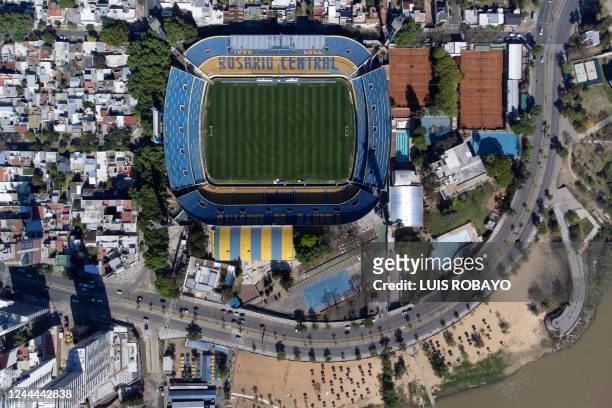 Aerial view of the Gigante de Arroyito stadium, home of Rosario Central football club, in Rosario, Argentina, taken on 21 October 2022. - Local...