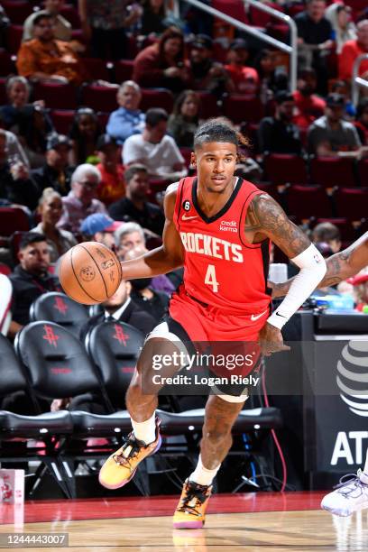 Jalen Green of the Houston Rockets handles the ball during the game against the LA Clippers on November 2, 2022 at the Toyota Center in Houston,...