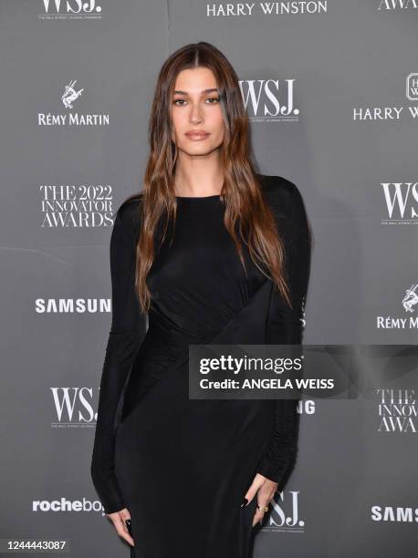 Model Hailey Bieber arrives for the Wall Street Journal Magazine 2022 Innovator awards at the Museum of Modern Art in New York City on November 2,...