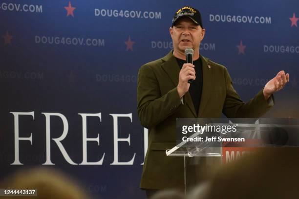 Republican nominee for Governor Doug Mastriano speaks to supporters during a campaign rally at the Crowne Plaza Pittsburgh South Hotel on November 2,...