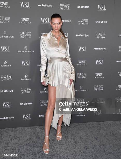 Model Karlie Kloss arrives for the Wall Street Journal Magazine 2022 Innovator awards at the Museum of Modern Art in New York City on November 2,...