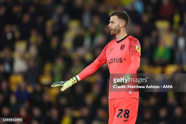 Angus Gunn of Norwich City during the Sky Bet Championship between Norwich City and Queens Park Rangers at Carrow Road on November 2, 2022 in...