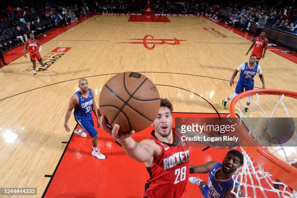 Alperen Sengun of the Houston Rockets drives to the basket during the game against the LA Clippers on November 2, 2022 at the Toyota Center in...
