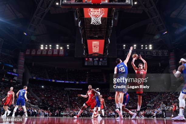 Alperen Sengun of the Houston Rockets shoots the ball during the game against the LA Clippers on November 2, 2022 at the Toyota Center in Houston,...