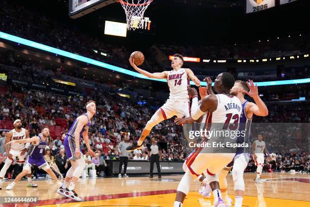 Tyler Herro of the Miami Heat goes up for a layup during the second half against the Sacramento Kings at FTX Arena on November 2, 2022 in Miami,...
