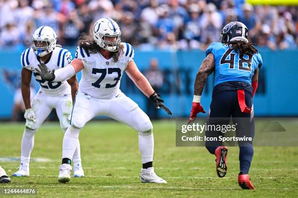 Indianapolis Colts offensive tackle Dennis Kelly blocks during the Tennessee Titans game versus the Indianapolis Colts on October 23 at Nissan...