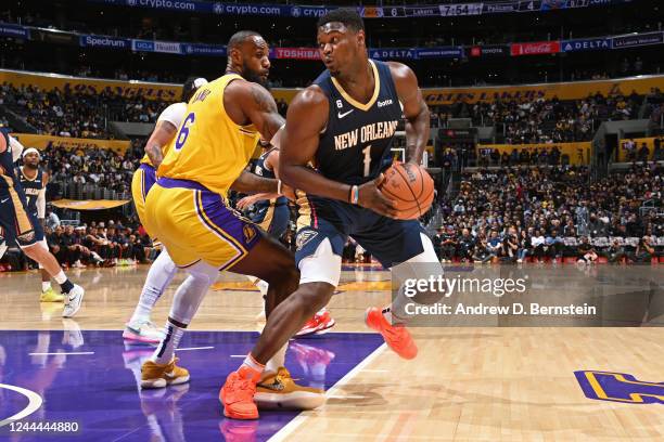 Zion Williamson of the New Orleans Pelicans drives to the basket around LeBron James of the Los Angeles Lakers on November 2, 2022 at Crypto.Com...