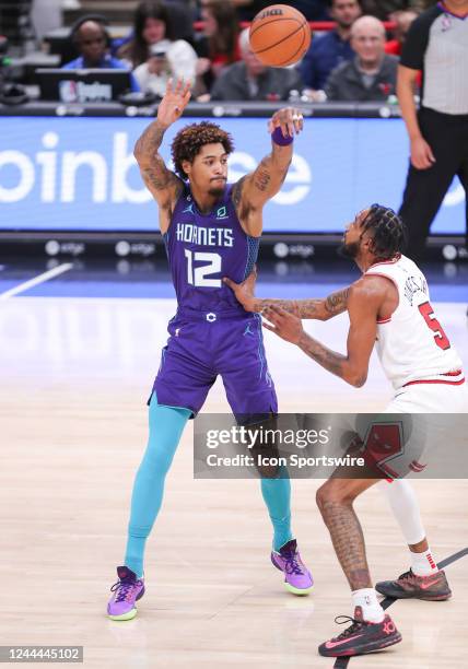 Chicago Bulls forward Derrick Jones Jr. Guards Charlotte Hornets guard Kelly Oubre Jr. During a NBA game between the Charlotte Hornets and the...