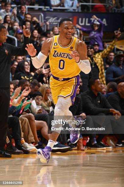 Russell Westbrook of the Los Angeles Lakers celebrates against the New Orleans Pelicans on November 2, 2022 at Crypto.Com Arena in Los Angeles,...