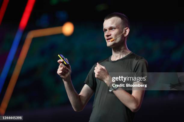 Vitalik Buterin, co-founder of Ethereum, speaks during the Singapore FinTech Festival in Singapore, on Thursday, Nov. 3, 2022. The conference runs...