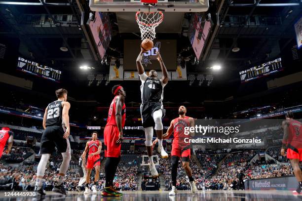 Gorgui Dieng of the San Antonio Spurs drives to the basket against the Toronto Raptors on November 2, 2022 at the AT&T Center in San Antonio, Texas....