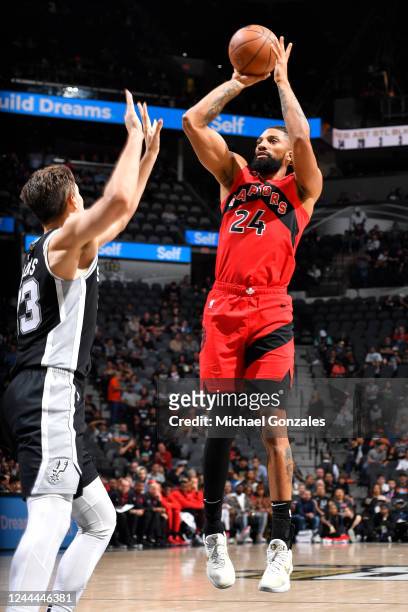 Khem Birch of the Toronto Raptors shoots the ball against the San Antonio Spurs on November 2, 2022 at the AT&T Center in San Antonio, Texas. NOTE TO...