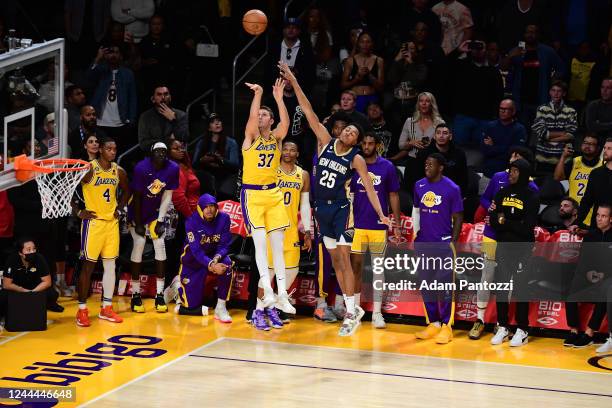 Matt Ryan of the Los Angeles Lakers makes the three point basket to send the game to overtime against the New Orleans Pelicans on November 2, 2022 at...