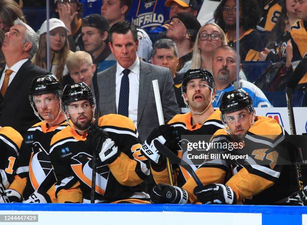 Head coach Mike Sullivan of the Pittsburgh Penguins watches the action during an NHL game against the Buffalo Sabres on November 2, 2022 at KeyBank...