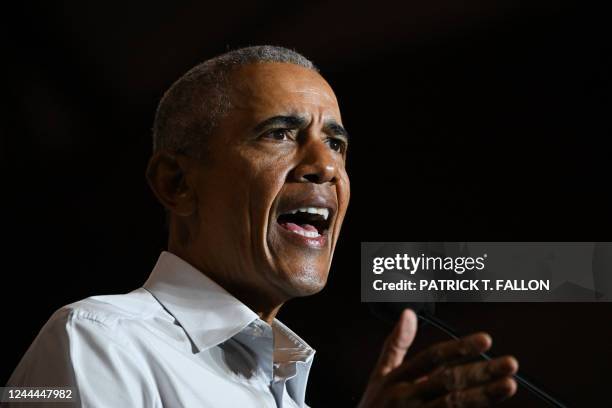 Former US President Barack Obama speaks during a campaign event supporting US Senator Mark Kelly and Democratic Gubernatorial candidate for Arizona...