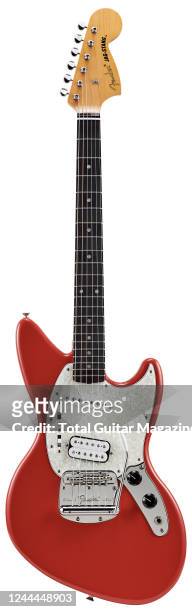 Fender Kurt Cobain Jag-Stang electric guitar with a Fiesta Red finish, taken on November 8, 2021.