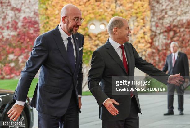 The President of the European Council Charles Michel is welcomed by German Chancellor Olaf Scholz for the Berlin Process 2022 Western Balkans Summit...