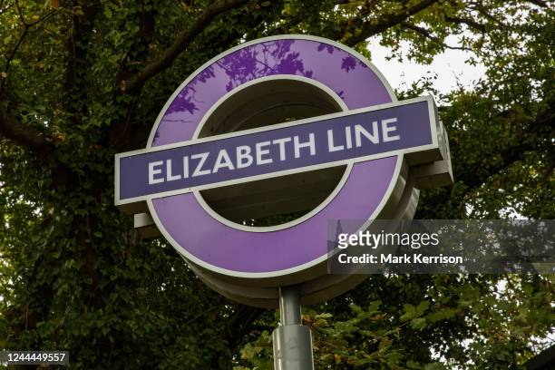 Sign is pictured outside a new Elizabeth Line station building on 2 November 2022 in Burnham, United Kingdom. The building, produced for Transport...